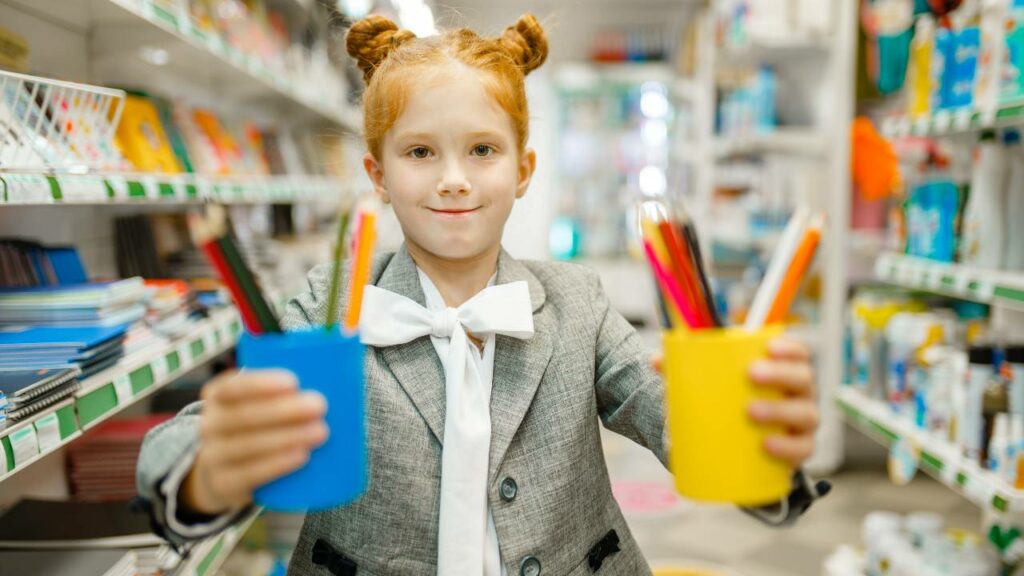 Criança em corredor de loja de material escolar.